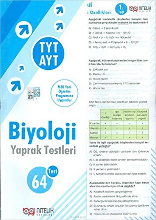 NİTELİK YKS AYT TYT BİYOLOJİ YAPRAK TEST