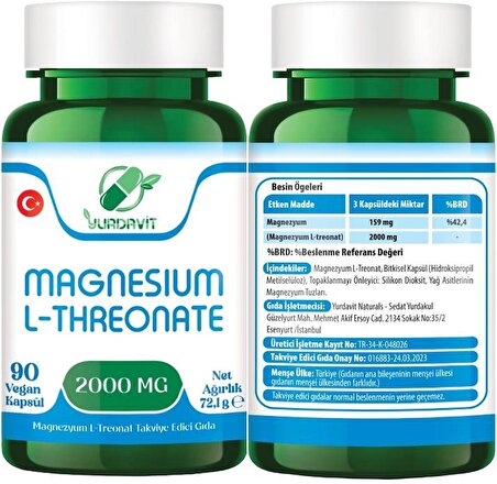 Yurdavit Magnesium L-Threonate 2000 Mg 3x90 Vegan Kapsül Magnezyum 159 Mg Magnezyum L-Treonat