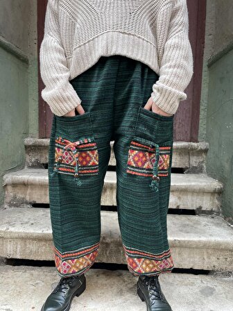 Unisex Çizgili Nepal Pantolon, Yün Pantolon, Kamp Pantolonu, Çizgili Pantolon