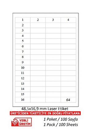 PİA Lazer Etiket tw-2564 100 A4 Sayfa Lazer Etiket  48,5 x 16,9 mm Boyutunda 1 A4 Sayfada 64 Etiket