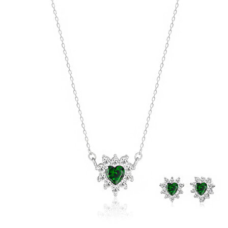 Pırlanta Montür Yeşil Taşlı Kalp Desenli İkili Gümüş Set