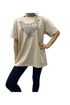 Kadın Çiçek Desenli Krem T-Shirt , Oversize T-Shirt , Büyük Beden T-Shirt