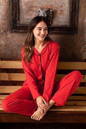 Ercan P-916-1 Pamuklu Kırmızı Önü Düğmeli Kadın Pijama Takımı
