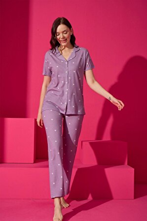 Eliz 7005-7 Düğmeli Kısa Kol Yıldız Desen Kadın Pijama Takımı