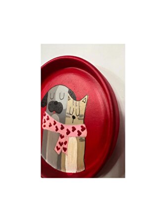 dekoratif el boyama kedili ve köpekli tabak