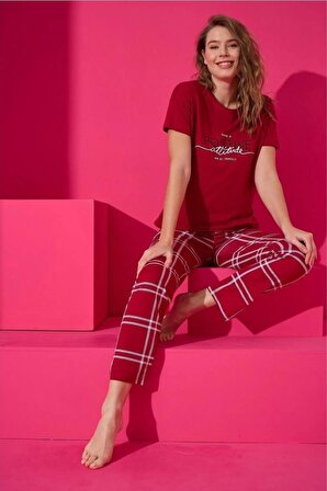 Eliz 7001-23 Kırmızı Kısa Kol Pamuk Kadın Pijama Takımı
