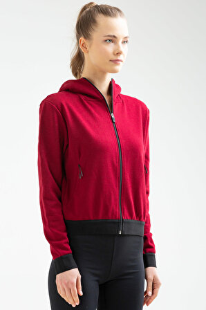 Bordo Slim Fit Pamuklu Kapüşonlu Kadın Sweatshirt SC0962 | XL