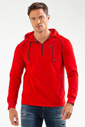 Kırmızı Regular Dalgıç Kumaş Kapüşonlu Erkek Sweatshirt XC2152 | XXL