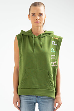 Yeşil Slim Fit Kanguru Cep Kapüşonlu Sıfır Kol Kadın Sweatshirt SC0978 | L