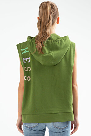 Yeşil Slim Fit Kanguru Cep Kapüşonlu Sıfır Kol Kadın Sweatshirt SC0978 | L