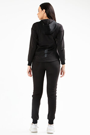 Siyah Slim Fit Dalgıç Kumaş Kapüşonlu Kadın Eşofman Takımı SA2378 | XL