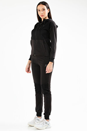 Siyah Slim Fit Dalgıç Kumaş Kapüşonlu Kadın Eşofman Takımı SA2378 | XL