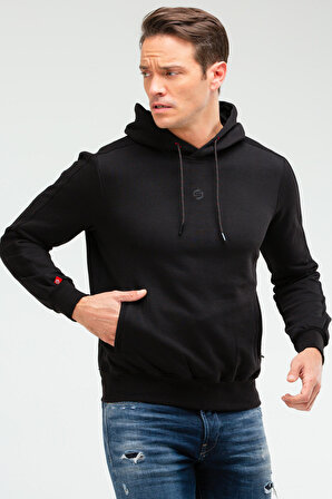 Siyah Regular Pamuklu Kapüşonlu Erkek Sweatshirt XC2224 | XL