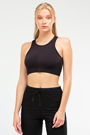 Siyah Slim Fit Çizgili Açık Yaka Kadın Seamless Sporcu Sütyeni Bra SF0607 | M