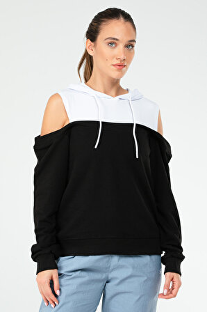 Siyah Regular Pamuklu Kapüşonlu Kadın Sweatshirt SC1178 | XL