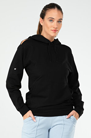 Siyah Regular Pamuklu Kapüşonlu Kanguru Cep Kadın Sweatshirt SC1179 | M
