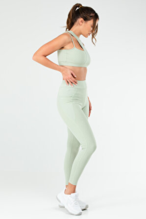 Yağ Yeşili Slim Fit Yüksek Bel Toparlayıcı Kadın Tayt Takım SB0849 | S
