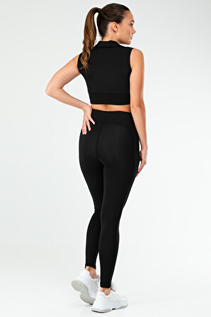 Siyah Slim Fit Micro Yüksek Bel Toparlayıcı Kadın Tayt Takım SB0844 | XL