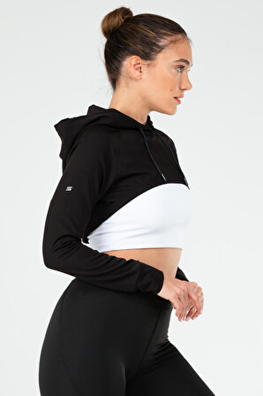 Siyah Regular Dalgıç Kumaş Kapüşonlu Crop Kadın Sweatshirt SC1189 | L