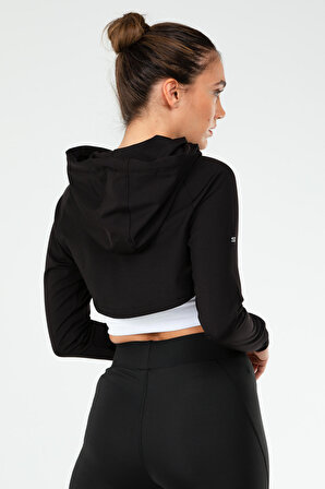 Siyah Regular Dalgıç Kumaş Kapüşonlu Crop Kadın Sweatshirt SC1189 | L