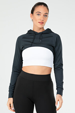 Füme Regular Dalgıç Kumaş Kapüşonlu Crop Kadın Sweatshirt SC1189 | L