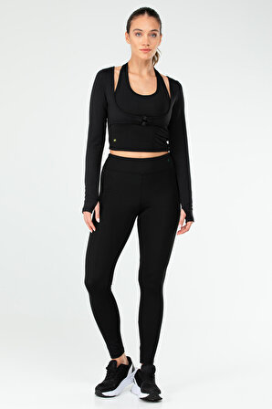 Siyah Slim Fit Micro Yüksek Bel Toparlayıcı Kadın Tayt Takım SB0847 | XL