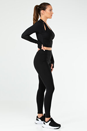 Siyah Slim Fit Micro Yüksek Bel Toparlayıcı Kadın Tayt Takım SB0847 | XL
