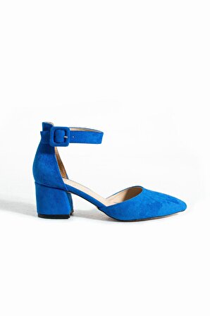 Kadın Açık Mavi Süet Ayakkabı Abiye Stiletto Kalın Topuk Gelinlik Ayakkabisi 5.5cm