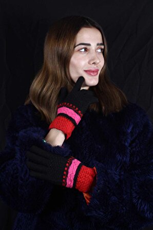Kadın Eldiven Yün Örme Çizgili Model Renkli Tasarım Likralı Beden