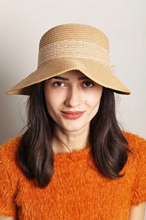 Kadın Plaj Şapkası Hasır Modelli Dantel ve Çiçek Tasarım