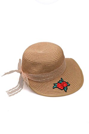 Kadın Plaj Şapkası Hasır Modelli Dantel ve Çiçek Tasarım