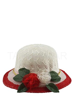 Kırmızı Kız Çocuk Kadın Şapka Hasır Çiçek ve Yapraklı