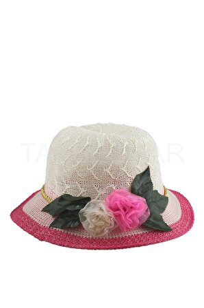 Kadın Şapka Hasır Çiçek ve Yapraklı