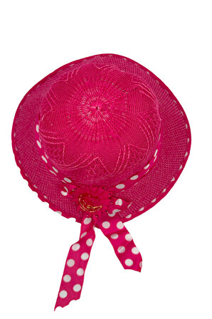 Beoje Kıds Kız Çocuk Şapkası Hasır Çiçek Figür Benekli Fiyonk Model ABKSP-0018