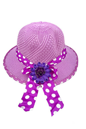 Beoje Kıds Kız Çocuk Şapkası Hasır Çiçek Figür Benekli Fiyonk Model ABKSP-0018