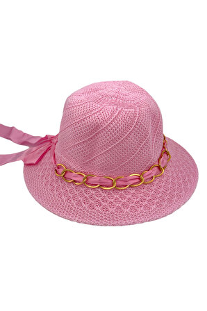 Beoje Kıds Kız Çocuk Şapkası Hasır  Zincirli Fiyonklu Model ABKSP-0020