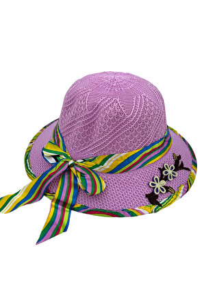 Beoje Kıds Kız Çocuk Şapkası Hasır Çiçek Figür Renkli Fiyonklu Model ABKSP-0024