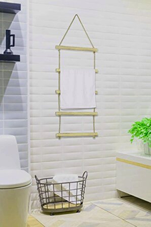 Towel Jüt Merdiven Ahşap Banyo Mutfak Havlu Askısı  5 Katlı Ahşap Ve Halat Havluluk