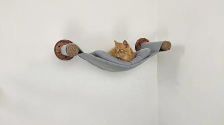 Ahşap Basamaklı Kedi Hamağı | Ahşap Kedi Yatağı | Kedi Duvar Mobilyası