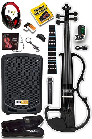 Midex RCZ606BK-XAMP Elektro Keman + Şarjlı Mikrofonlu Portatif Amfi Full Set Siyah