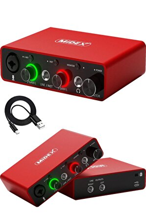 Midex GLX-700RD Üst Segment Usb Stüdyo Ses Kartı 2 Giriş 2 Çıkış 24bit/192kHz