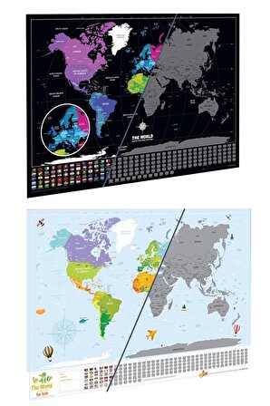 Scratch Map Kazınabilir Dünya Haritası 2’li Klasik Ve Kids Versiyon Büyük Boy Dünya Haritaları