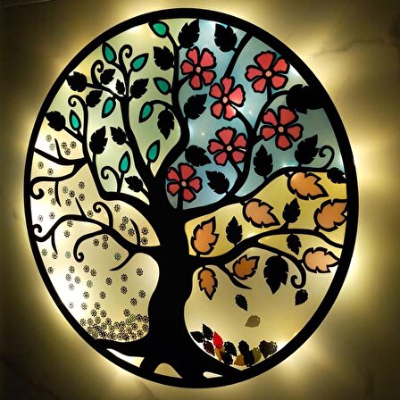 Veraart Epoksili Dört Mevsim Hayat Ağacı Figürlü Duvar Dekorlu Gece Lambası 80 cm