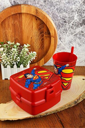 Süperman İki Katlı Beslenme Kutusu+Pipetli Bardak 400 ml.