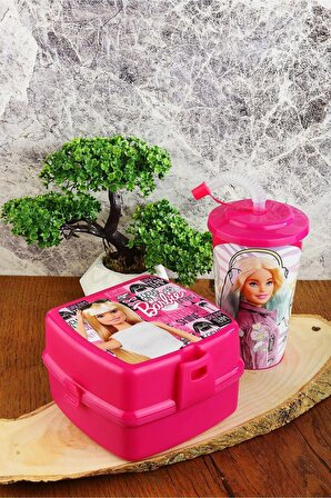 Barbie İki Katlı Beslenme Kutusu+Kapaklı Pipetli Bardak 400 ml.