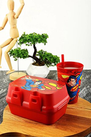 Süperman İki Katlı Bölmeli Beslenme Kutusu+Pipetli Bardak 400 ml.