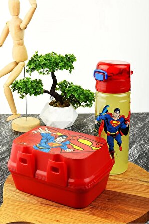 Süperman İki Katlı Bölmeli Beslenme Kutusu+Solo Pipetli Matara 500 ml.