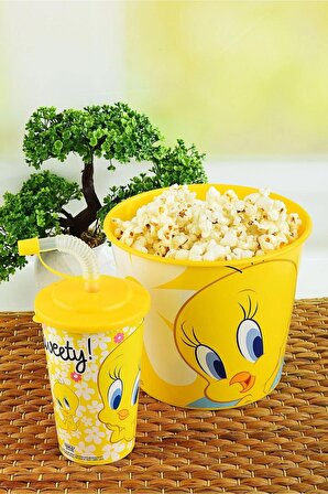 Tweety Mısır & Popcorn Kutusu+Kapaklı Pipetli Bardak 400 ml.