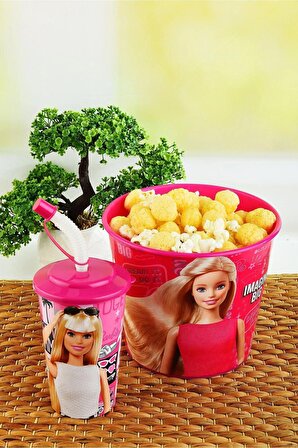 Barbie Mısır & Popcorn Kutusu+Kapaklı Pipetli Bardak 400 ml.