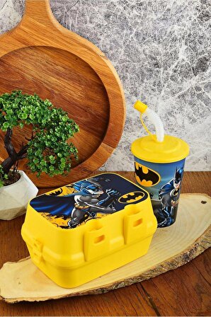 Batman İki Katlı Bölmeli Beslenme Kutusu+Kapaklı Pipetli Bardak 400 ml.